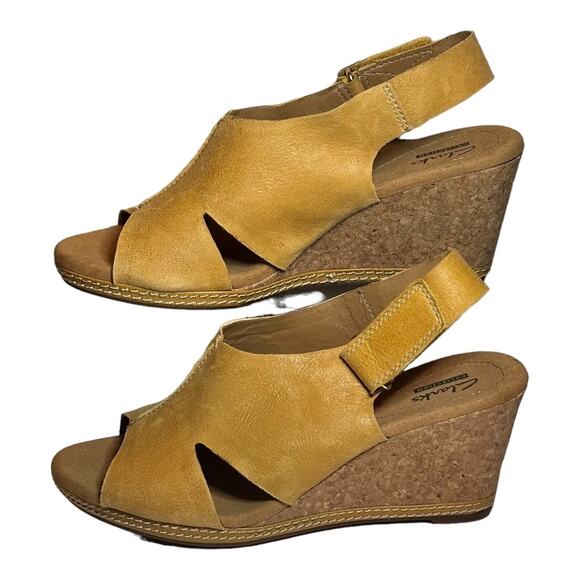Clarks Helio Float Yellow Nubuck Leather Wedge Sandals w/ Adjustable Strap - Picture 2 of 8